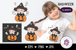 Halloween Witch Cute girl on Jack o lantern kawaii clipart Product Image 1