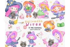 Vibrant Watercolor Cute Pink Halloween Witch Cartoon Set Product Image 1