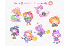 Vibrant Watercolor Cute Pink Halloween Witch Cartoon Set Product Image 2