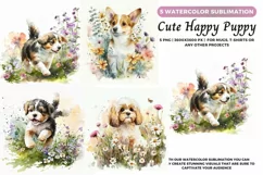 5 Cute Puppy Portrait, Dog Watercolor Drawing, 5 Dogs Png Product Image 1