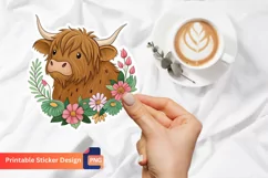 Cute Highland Cow Flowers Sticker, Floral Highland Cow Art Product Image 1