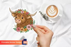 Cute Highland Cow Flowers Sticker, Floral Highland Cow Art Product Image 1