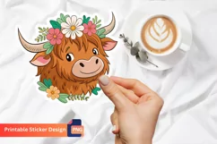 Cute Highland Cow Flowers Sticker, Floral Highland Cow Art Product Image 1