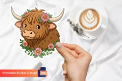 Cute Highland Cow Flowers Sticker, Floral Highland Cow Art Product Image 1