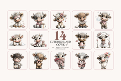 Cute Highland Cow Clipart Bundle | 14 Baby Cow PNGs Product Image 3