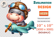 Cute cartoon hippo pilot flying a vintage teal airplane, watercolor sublimation clipart for kids, nursery decor, stickers, t-shirts, and greeting cards.