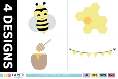 Honey bee party clipart with crowned bee character and sweet yellow decorations