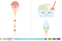Pastel frozen dessert illustrations with cheerful kawaii faces