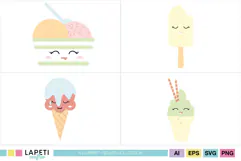 Pastel frozen dessert illustrations with cheerful kawaii faces