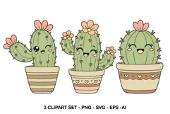 Cute cactus clipart with smiling faces and soft floral details