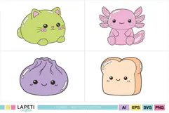 Cute squishy characters in green pink peach and purple pastel colors