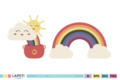 Colorful nursery decor graphics featuring smiling rainbow illustrations for baby projects