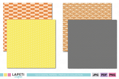 Coordinated set of four printable digital papers in yellow, orange, gray, and beige, with polka dots, circles, clouds, and shapes for kids crafts.
