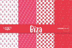 Kids digital paper designs with kawaii drink pattern and coordinating floral backgrounds.
