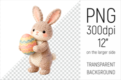 Cute Knitted Bunny with Easter Egg Clipart. Ideal for sublimation, mugs, T-shirts, greeting cards, stickers, nursery decor, classroom projects, scrapbooking, and digital products.