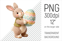 Cute Knitted Bunny with Easter Egg Clipart. Ideal for sublimation, mugs, T-shirts, greeting cards, stickers, nursery decor, classroom projects, scrapbooking, and digital products.