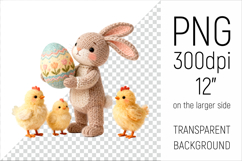 Cute Knitted Bunny with Easter Egg Clipart. Ideal for sublimation, mugs, T-shirts, greeting cards, stickers, nursery decor, classroom projects, scrapbooking, and digital products.