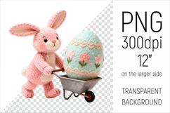 Cute Knitted Bunny with Easter Egg Clipart. Ideal for sublimation, mugs, T-shirts, greeting cards, stickers, nursery decor, classroom projects, scrapbooking, and digital products.