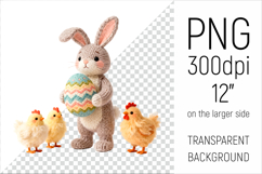 Cute Knitted Bunny with Easter Egg Clipart. Ideal for sublimation, mugs, T-shirts, greeting cards, stickers, nursery decor, classroom projects, scrapbooking, and digital products.