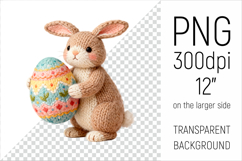 Cute Knitted Bunny with Easter Egg Clipart. Ideal for sublimation, mugs, T-shirts, greeting cards, stickers, nursery decor, classroom projects, scrapbooking, and digital products.