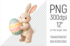 Cute Knitted Bunny with Easter Egg Clipart. Ideal for sublimation, mugs, T-shirts, greeting cards, stickers, nursery decor, classroom projects, scrapbooking, and digital products.