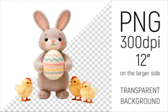Cute Knitted Bunny with Easter Egg Clipart. Ideal for sublimation, mugs, T-shirts, greeting cards, stickers, nursery decor, classroom projects, scrapbooking, and digital products.