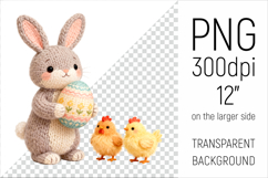 Cute Knitted Bunny with Easter Egg Clipart. Ideal for sublimation, mugs, T-shirts, greeting cards, stickers, nursery decor, classroom projects, scrapbooking, and digital products.