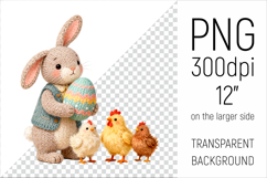 Cute Knitted Bunny with Easter Egg Clipart. Ideal for sublimation, mugs, T-shirts, greeting cards, stickers, nursery decor, classroom projects, scrapbooking, and digital products.