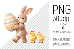 Cute Knitted Bunny with Easter Egg Clipart. Ideal for sublimation, mugs, T-shirts, greeting cards, stickers, nursery decor, classroom projects, scrapbooking, and digital products.