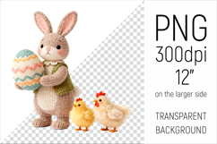 Cute Knitted Bunny with Easter Egg Clipart. Ideal for sublimation, mugs, T-shirts, greeting cards, stickers, nursery decor, classroom projects, scrapbooking, and digital products.