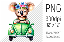 Cute Koala driving a vintage car sublimation design. Ideal for sublimation, scrapbooking, invitations, nursery prints, stickers, and more.