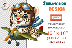Cute cartoon leopard pilot flying a vintage airplane, watercolor sublimation clipart for kids, nursery decor, stickers, t-shirts, and greeting cards.