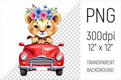 Cute Lion driving a vintage car sublimation design. Ideal for sublimation, scrapbooking, invitations, nursery prints, stickers, and more.
