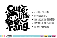 Cute Little Fang vampire graphic with bold lettering, bats and heart accents