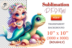 A charming mermaid character with big eyes and pearly accessories plays flute on a turtle in a vibrant sea scene, great for digital designs and printing.