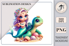A charming mermaid character with big eyes and pearly accessories plays flute on a turtle in a vibrant sea scene, great for digital designs and printing.