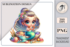 Baby mermaid with shiny silver hair and ocean-themed accessories sits in a shell and plays flute, surrounded by pastel shells and pearls — perfect for nursery wall art or DIY crafts.
