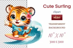Explore this adorable cartoon little tiger cub surfer clipart perfect for children's parties, summer events, birthday invitations, t-shirt designs, sublimation prints, scrapbooking, and more. Bring a fun summer vibe to your projects.