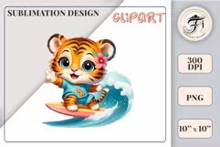 Explore this adorable cartoon little tiger cub surfer clipart perfect for children's parties, summer events, birthday invitations, t-shirt designs, sublimation prints, scrapbooking, and more. Bring a fun summer vibe to your projects.