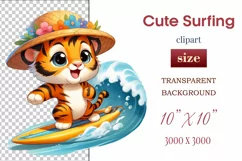 Explore this adorable cartoon little tiger cub surfer clipart perfect for children's parties, summer events, birthday invitations, t-shirt designs, sublimation prints, scrapbooking, and more. Bring a fun summer vibe to your projects.