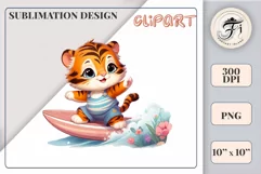 Explore this adorable cartoon little tiger cub surfer clipart perfect for children's parties, summer events, birthday invitations, t-shirt designs, sublimation prints, scrapbooking, and more. Bring a fun summer vibe to your projects.