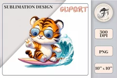 Explore this adorable cartoon little tiger cub surfer clipart perfect for children's parties, summer events, birthday invitations, t-shirt designs, sublimation prints, scrapbooking, and more. Bring a fun summer vibe to your projects.