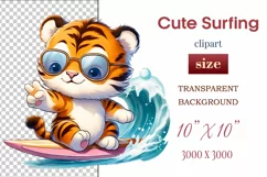 Explore this adorable cartoon little tiger cub surfer clipart perfect for children's parties, summer events, birthday invitations, t-shirt designs, sublimation prints, scrapbooking, and more. Bring a fun summer vibe to your projects.