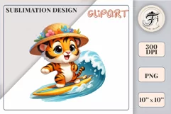 Explore this adorable cartoon little tiger cub surfer clipart perfect for children's parties, summer events, birthday invitations, t-shirt designs, sublimation prints, scrapbooking, and more. Bring a fun summer vibe to your projects.