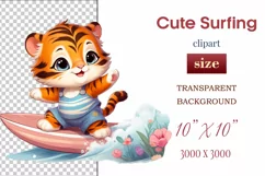 Explore this adorable cartoon little tiger cub surfer clipart perfect for children's parties, summer events, birthday invitations, t-shirt designs, sublimation prints, scrapbooking, and more. Bring a fun summer vibe to your projects.