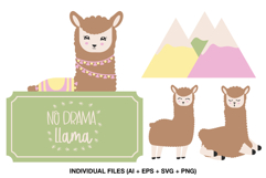 Cute llama graphics with mountains and adventure themed elements