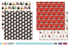 Halloween alpaca patterns featuring witches, mummies, and llamas on red, black, and cream backgrounds for crafting.