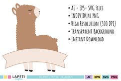 Four individual llama and cactus graphics for baby shower stationery and nursery projects.