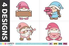 Adorable Valentine’s Day gnome graphics for cards, stickers, classroom valentines and party printables.