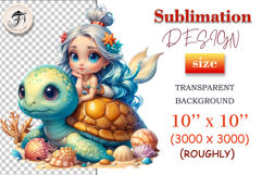 Adorable clipart of little mermaid with long hair on a turtle, blowing bubbles, great for printable kids designs, baby shower art, and fantasy sea projects.